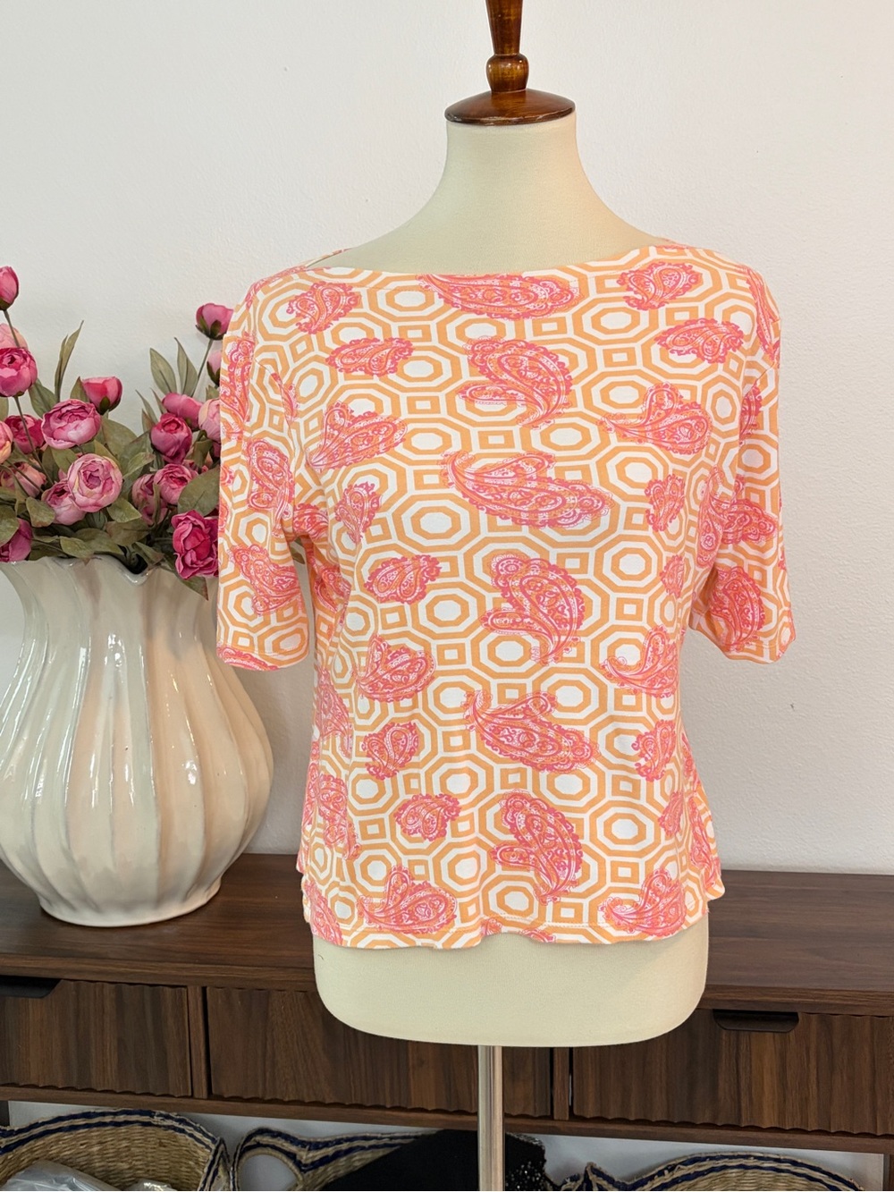 Charter Club Luxury Pima Cotton Pink & Peach Geometric Paisley Short Sleeve Top